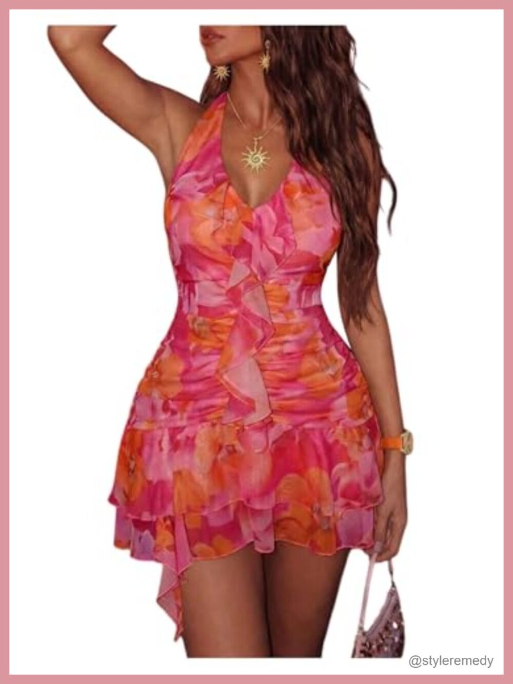 Women's Halter Mini Dress Ruffle Floral Sundress Sleeveless Boho Beach Vacation